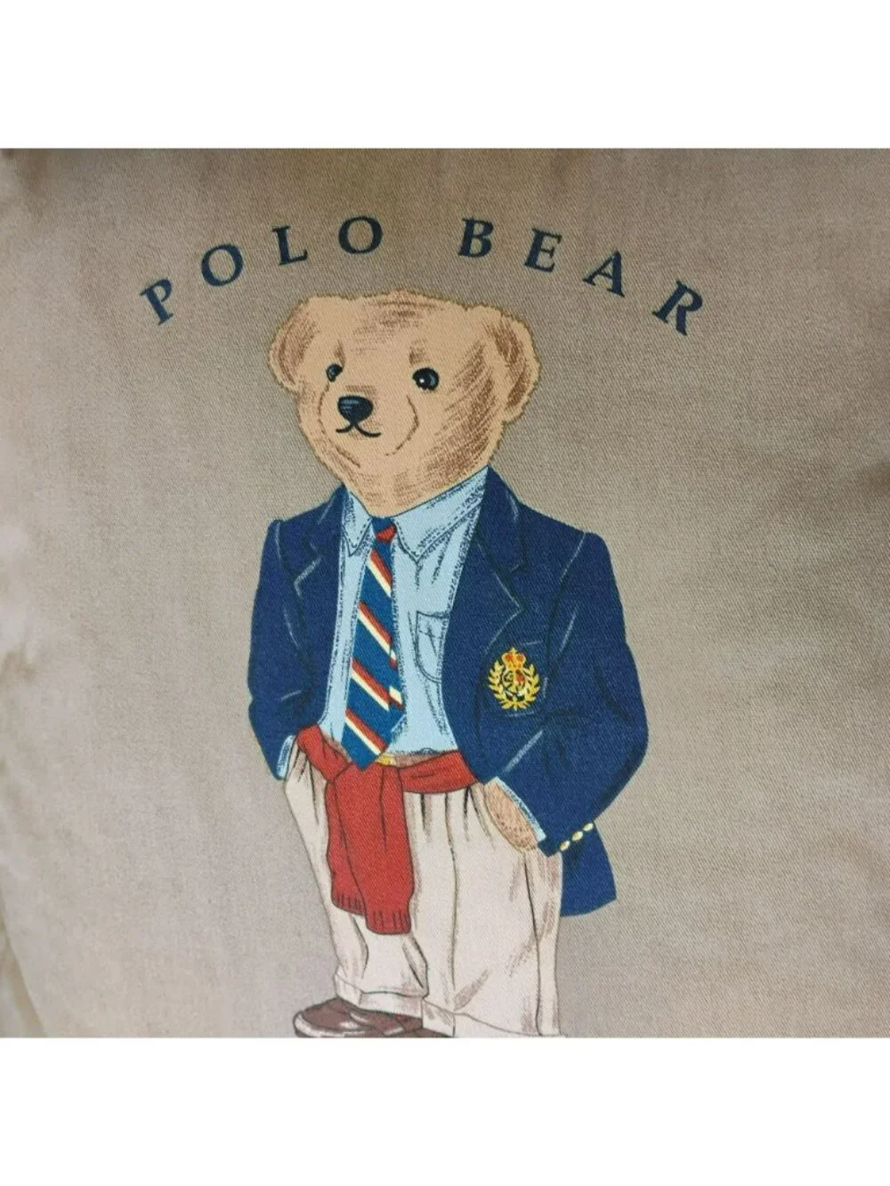 Vintage 1990s Ralph Lauren Polo Bear Pillow, Khaki Twill Canvas Red Trim, Preppy